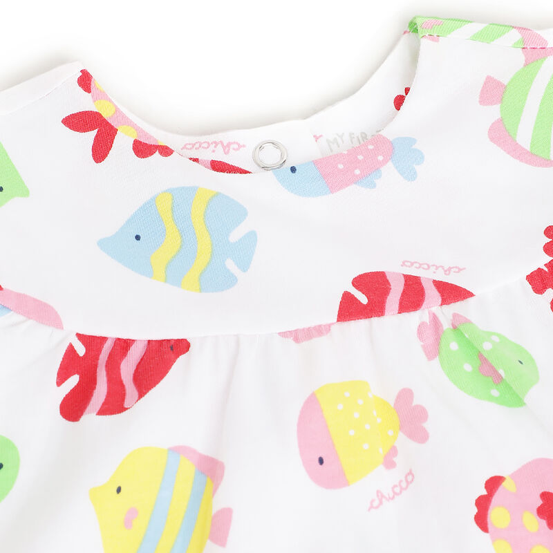 Girls White Fish Printed Short Sleeve Dress image number 2